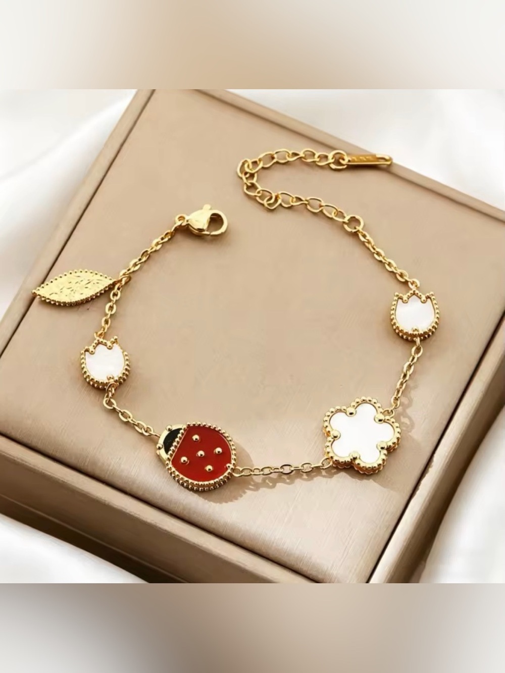 Gold-Plated Women's Clover & Disc Charm White and Red Accents - Picture 2 of 3